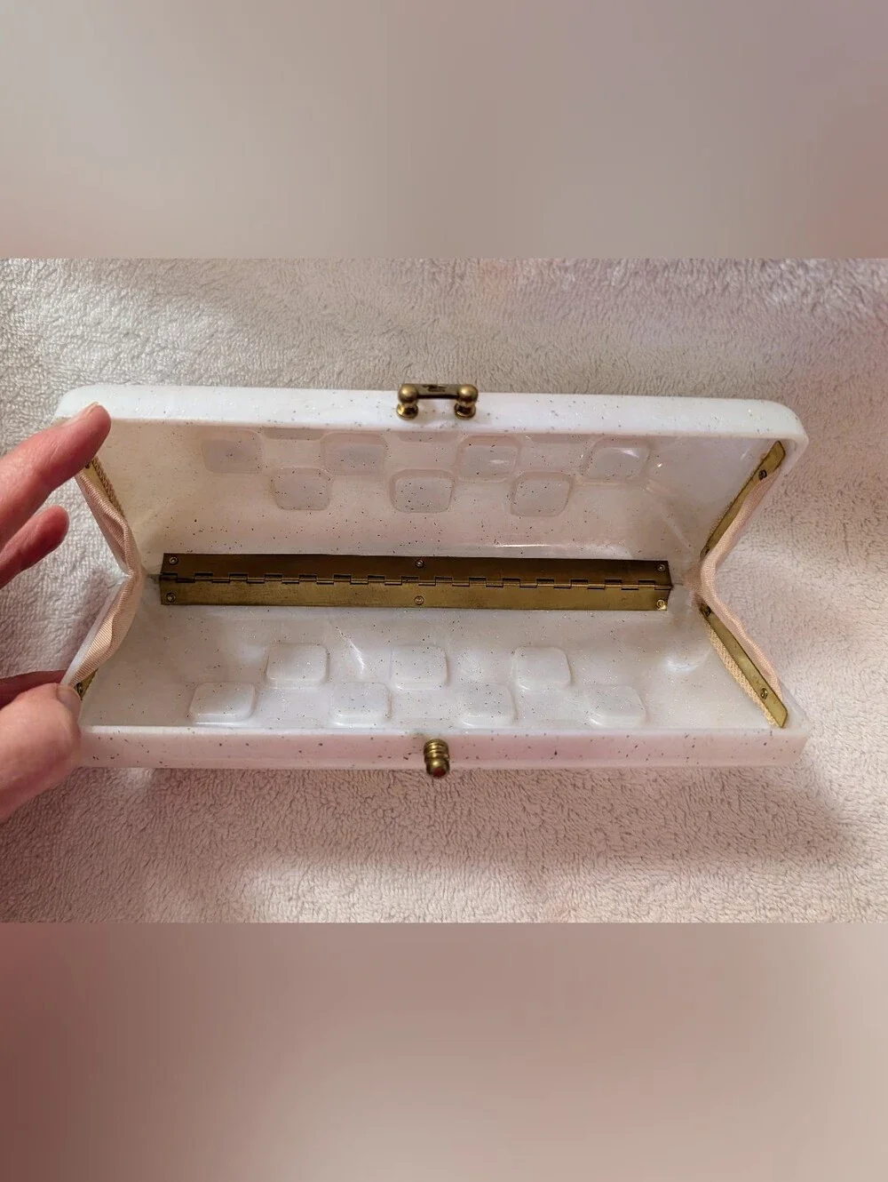 Vintage MCM Lucite Clutch Purse Pearl White Confetti Hard Shell Rhinestone Bling